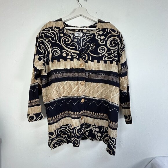 Vintage Brownstone Studio Womens Button-Front Tunic Top Black Abstract Print - Picture 1 of 7